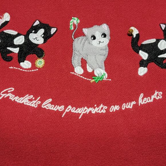 VTG 90s Grandma Sweatshirt Womens Sz M Cat Kittens Embroidered Bell Christmas - Picture 7 of 10